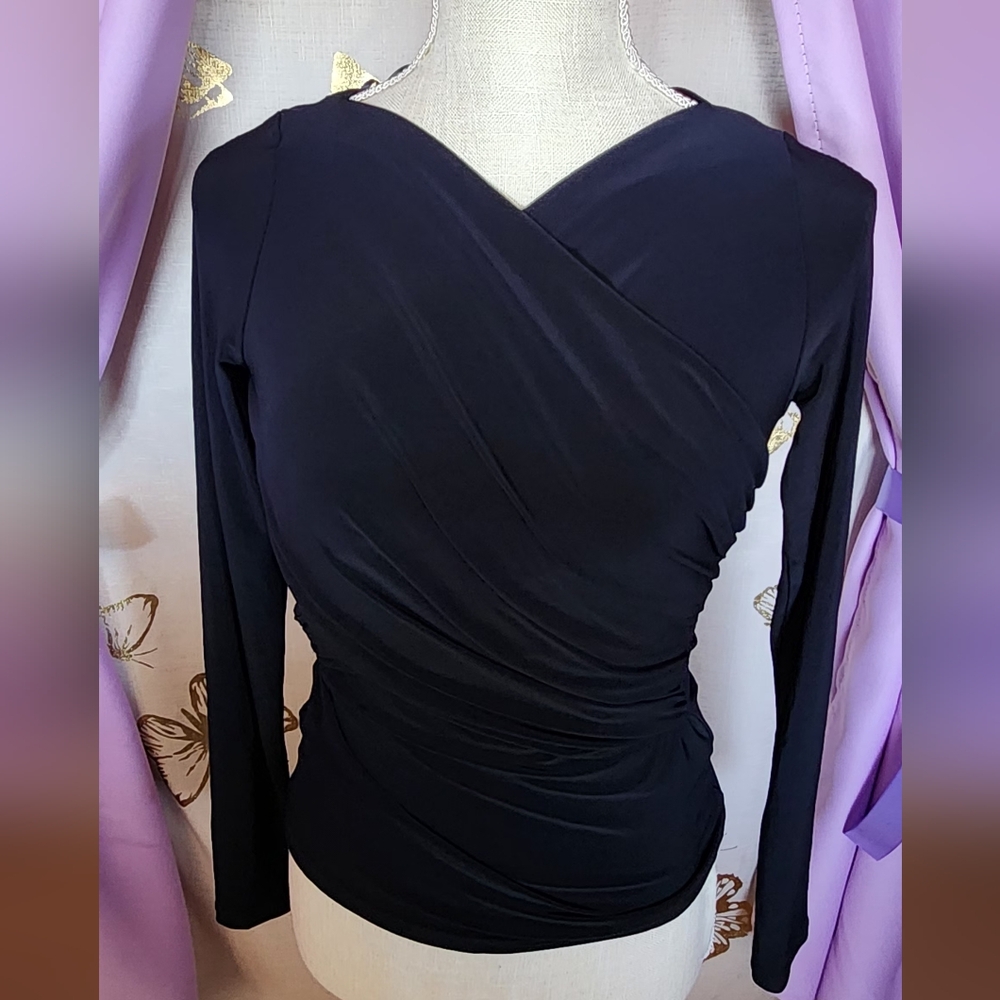 DKNY Black Long Sleeve Wrap Blouse